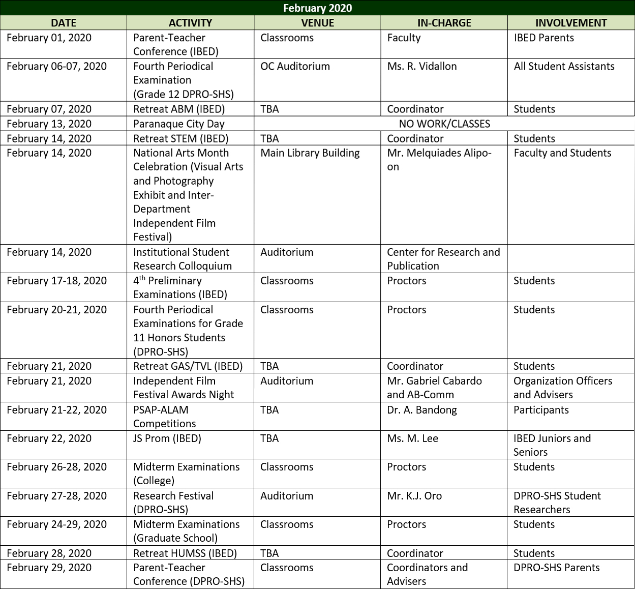 Institutional Calendar of Activities 2019-2020 – Olivarez College ...